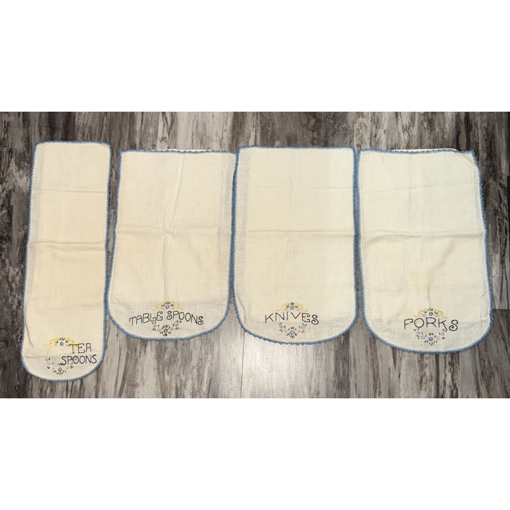 4 Flatware Silverware Storage Roll Wrap Sections Vintage Flannel Hand Embroidery